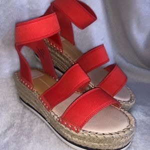 Dolce Vita Lury Orange and Tan Strappy Platform Wedge Espadrille Sandals Size 6